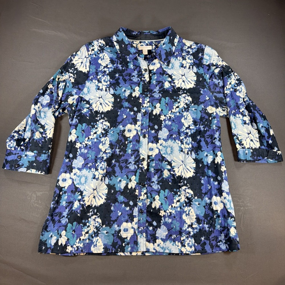 Charter Club Blue White Floral Button Down Shirt Cotton Size 16